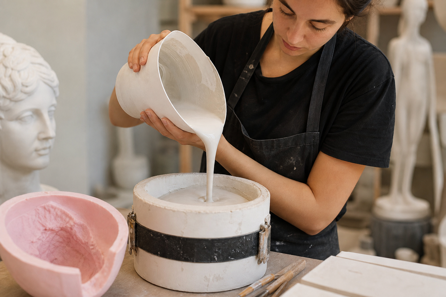 Preparación de escayola para un contramolde de silicona en un proceso de moldeado escultórico.