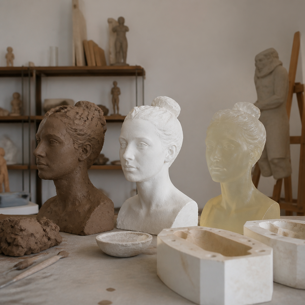 Comparison of sculptural techniques between clay, plaster, and silicone on a worktable