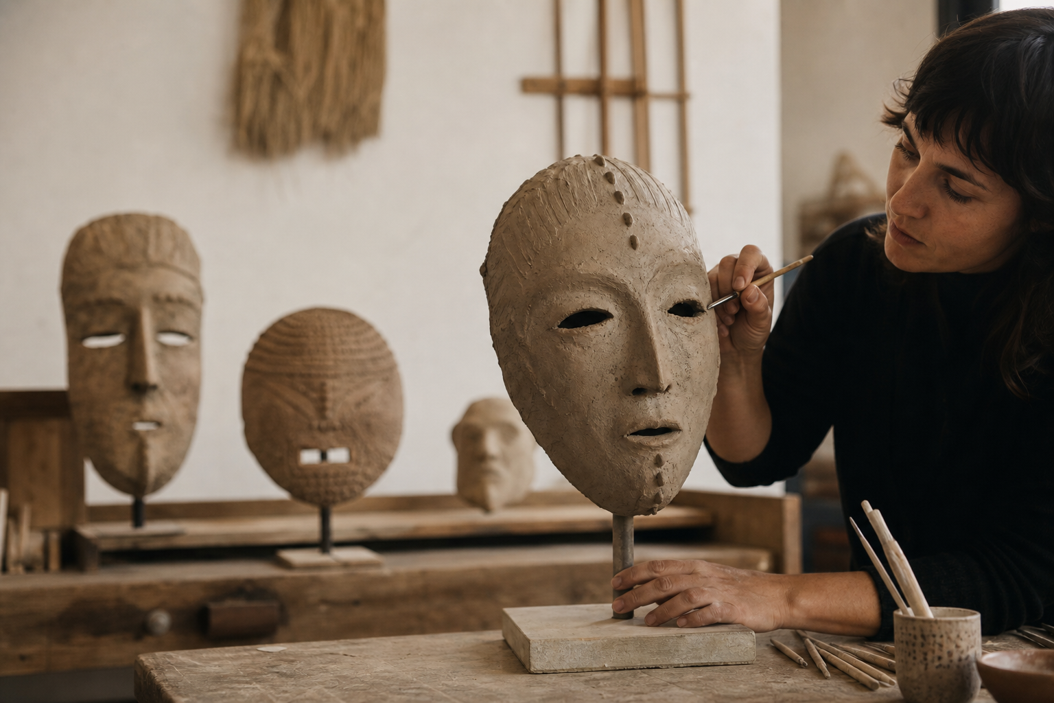 Máscara escultórica con rasgos expresivos que representa la evolución histórica de la máscara en la escultura