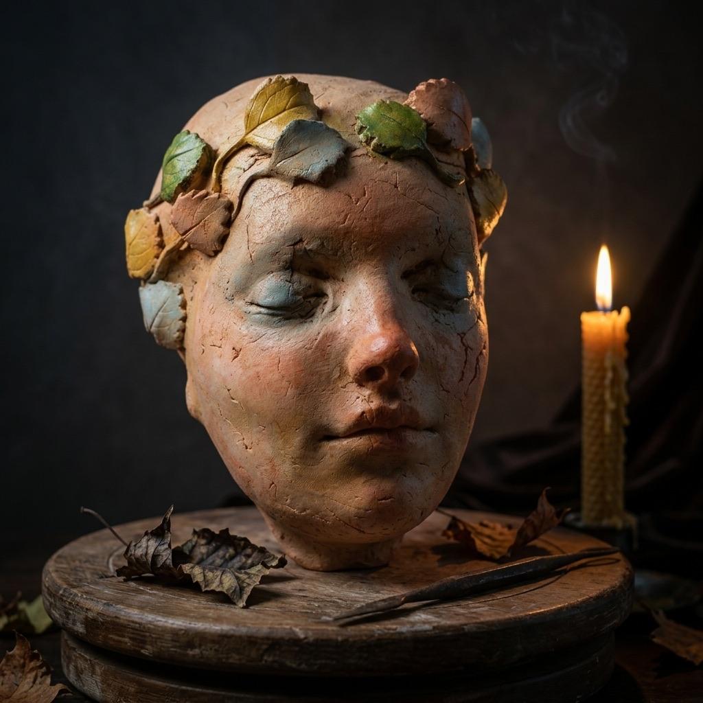 Escultura de fang amb fulles decoratives