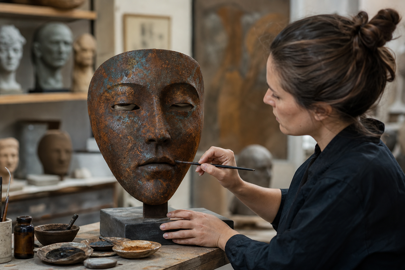 Mask with iron patina and rust effect, aged appearance, and metallic texture.